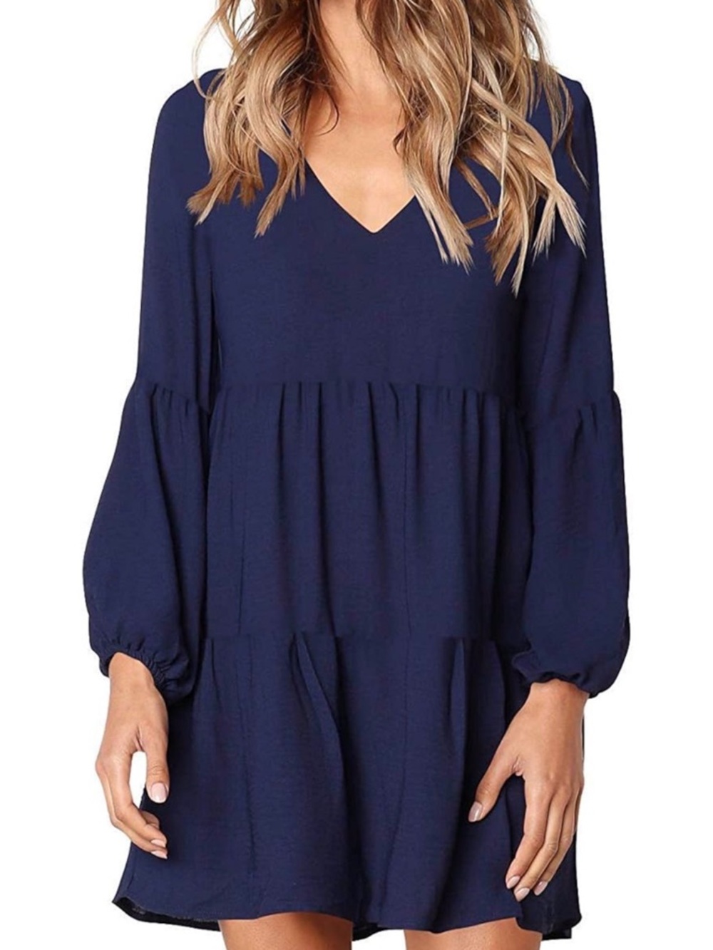 MISSLOOK Navy V-Neck Tiered Long Sleeve Dress